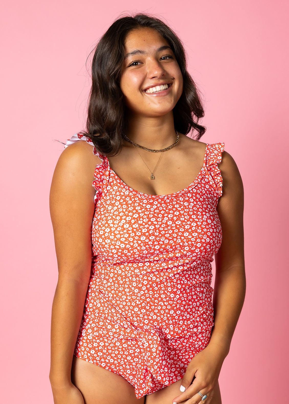 High-Waisted Swimsuit Bottom - Red Ditsy Floral