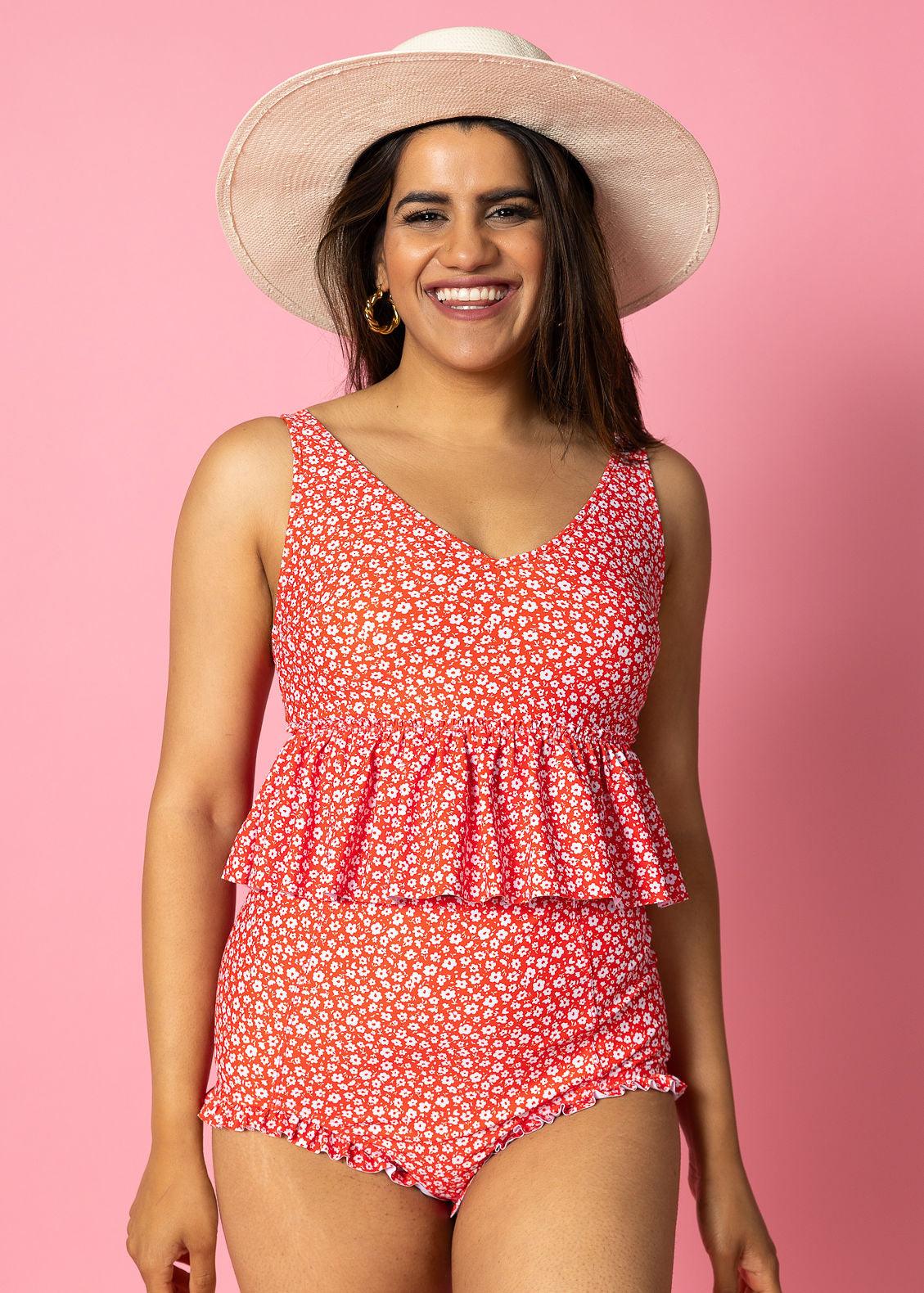 Crop Top Swimsuit - Red Ditsy Floral