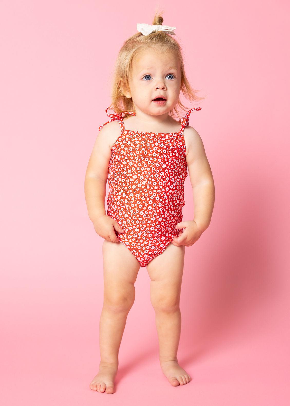 Baby Girl One-Piece Swimsuit - Red Ditsy Floral