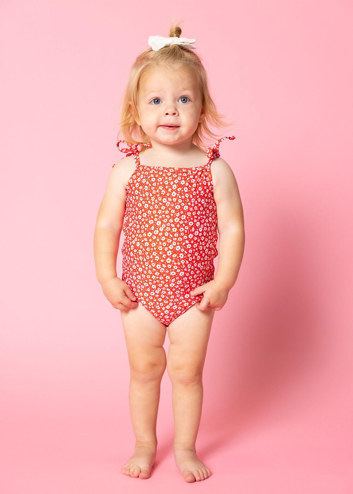 Baby Girl One-Piece Swimsuit - Red Ditsy Floral