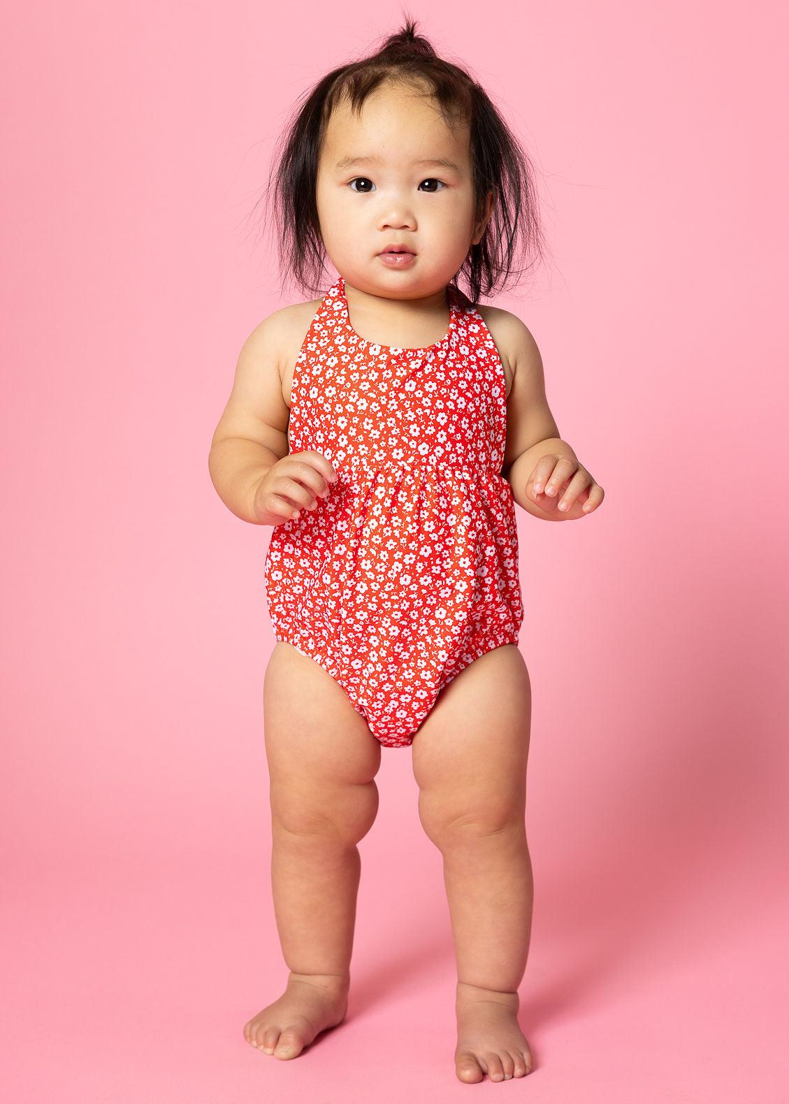 Baby Girl One-Piece Swimsuit - Red Ditsy Floral