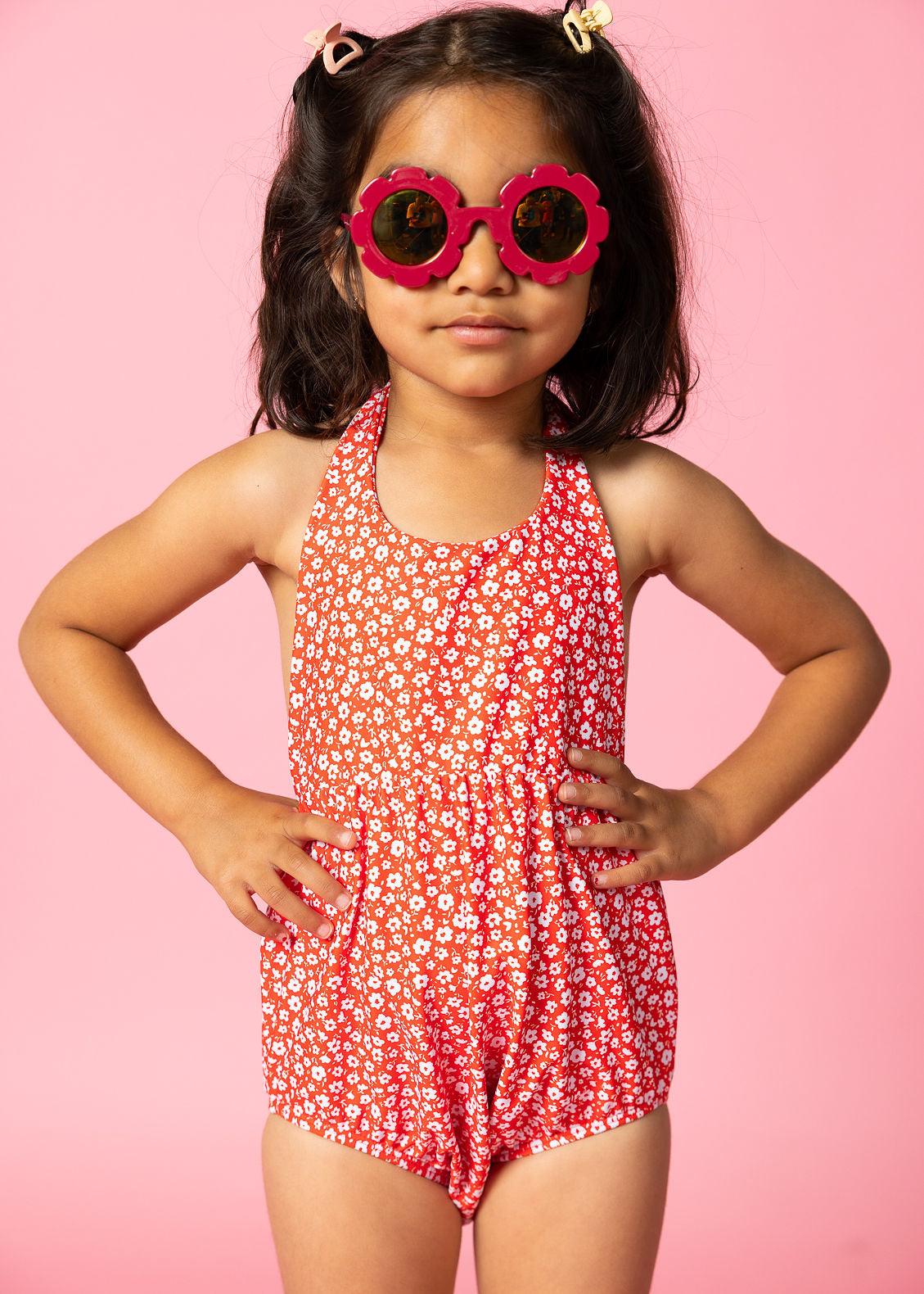 Girls One-Piece Swimsuit - Red Ditsy Floral