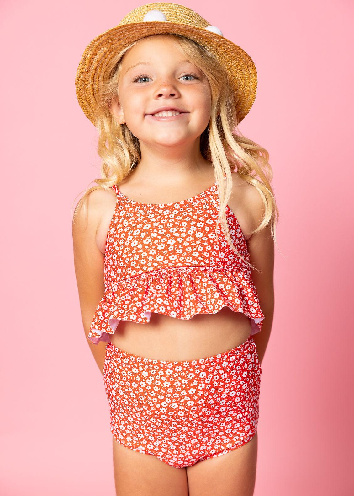 Girls Crop Top Swimsuit - Red Ditsy Floral